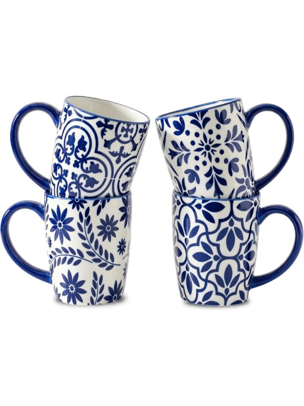Set of 4 Blue & White 16oz Ceramic Coffee Mugs - Stylish Drinkware for Home